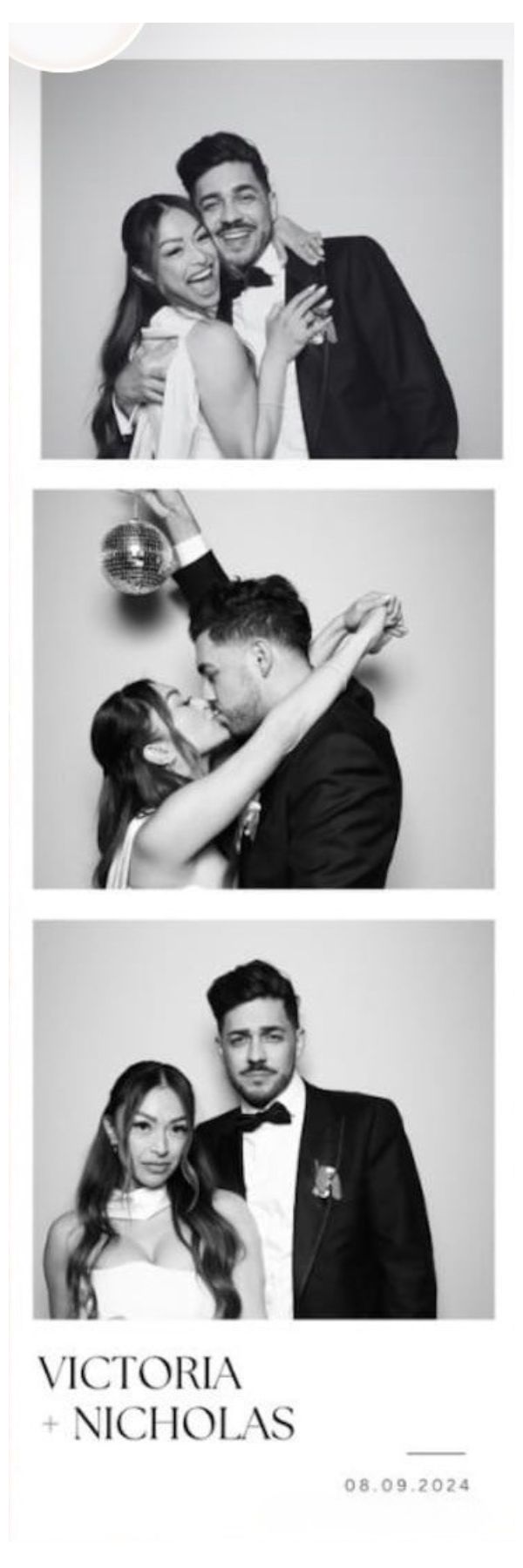 A Palm Tree Photo Booth 2x6 photo strip with three elegant black and white portraits